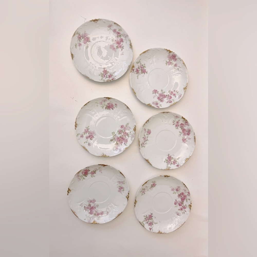 Antique Limoges, France Pink Floral Saucers 6